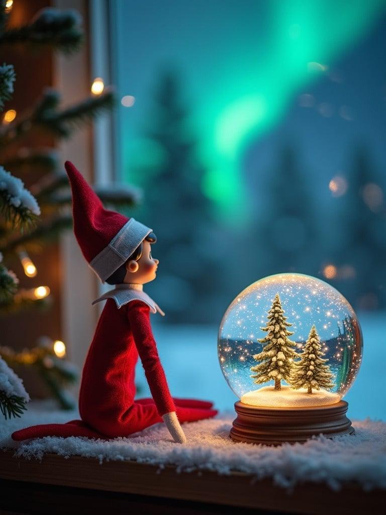 Elf doll sitting beside a snow globe. Magical northern lights shine in the background. Warm and festive winter scene.