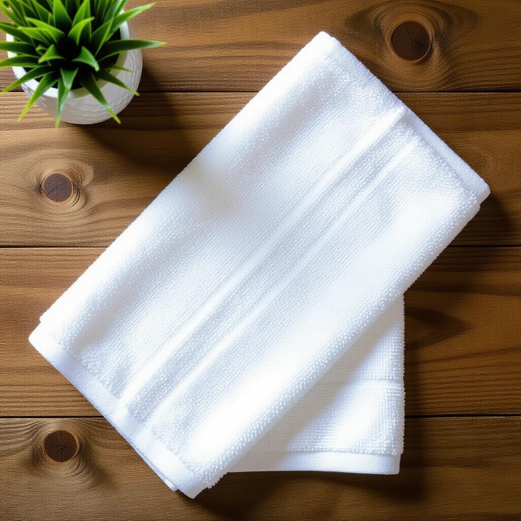 Image of a white towel with a border viewed from above
