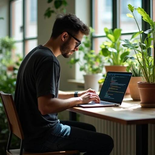 A person writes code on a laptop surrounded by plants. The room is well-lit with afternoon light filtering through windows. The laptop displays lines of code. The individual wears a casual shirt and jeans. The atmosphere is creative and focused.