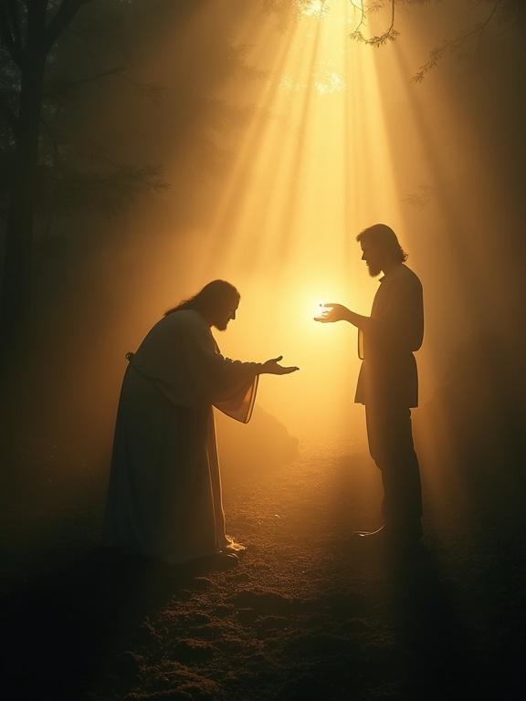 A serene devotional image portrays Jesus extending a hand filled with light towards a silhouetted figure in a misty environment. The scene symbolizes the dissipation of darkness and emergence of hope. Hyper-realistic and cinematic quality is achieved with natural light.