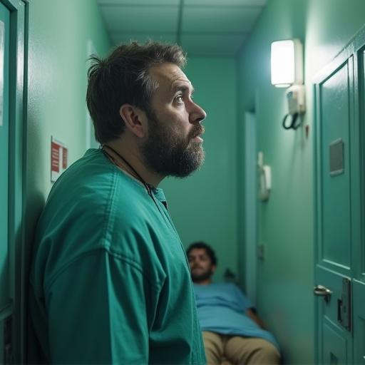 Two patients in a psychiatric clinic. One patient stands in the hallway wearing a teal shirt. An additional patient lies down in the background. The scene reflects a healthcare environment with a calming teal color scheme.