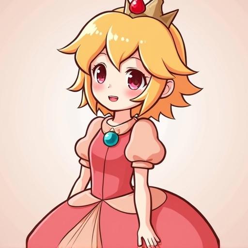 Character based on Princess Peach with male features. Short hair in a light color. Wearing a feminine dress featuring a large skirt. Character is cute and expressions are joyful. Fit for an anime or cartoon style illustration.