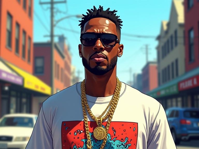 Black male rapper wearing graphic t-shirt. He has multiple gold chains. He stands in a bright urban street during daytime. The scene has detailed urban background. The style resembles Grand Theft Auto art. The image has bold outlines and dramatic cell shading.