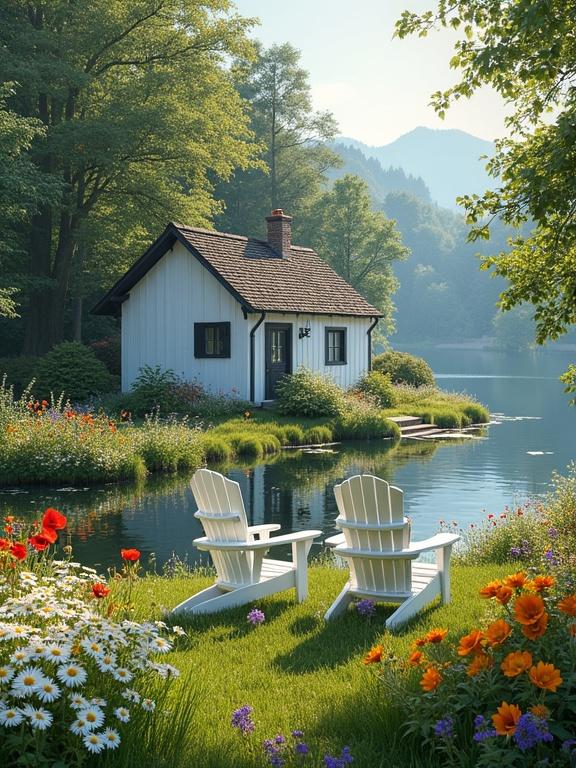 Charming house by a lake surrounded by vibrant flowers. White house with a dark door and windows. Lush landscape with blooming flowers like daisies, poppies, and sunflowers. Calm lake reflecting trees and sky. White Adirondack chairs on grass. Inviting and tranquil morning scene.