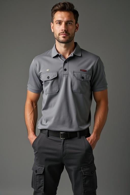 Man dressed in grey polo shirt with pocket details and matching dark grey cargo pants. The outfit designed for a luxury hotel environment exhibiting elegance and professionalism.