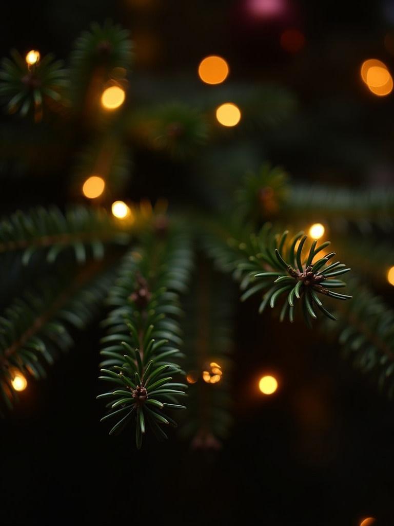 Close-up of a pine branch decorated with lights. Dark background with soft bokeh. Evokes a magical holiday atmosphere. Warm and festive scene.