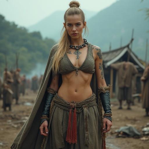 Caucasian woman in her early twenties has sharp features and long blonde hair in an updo. She showcases an athletic build with defined abs and powerful arms. Wears ancient Chinese army attire including a ragged silk tunic, crude iron shackles, and a tattered cloak while wielding a dao sword in a combat stance. Has tattoos representing broken chains and dragons on her body. The backdrop includes an ancient battlefield with misty hills and burning villages. Soft dim light highlights her physique and attire.