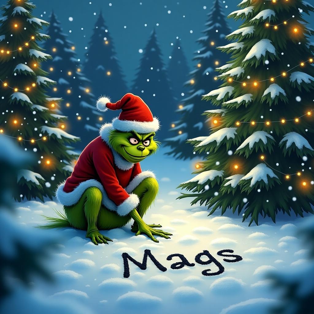 The Grinch is outside in the snow. Christmas trees surround him. He is writing the name Mags in the snow. He wears a Santa hat and red coat. Snow covers the ground and trees. The scene is festive and cheerful.