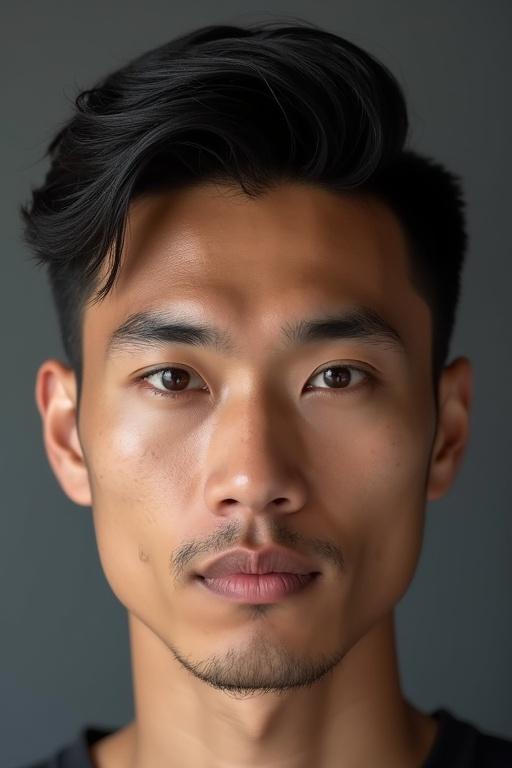 Ultra-realistic 8K close-up portrait of a handsome Indonesian man with warm medium-toned skin and thick dark hair styled in a neat side-parted undercut. Defined jawline and brown eyes with subtle eyelashes in focus. Soft studio lighting highlights his bone structure against a gray background.
