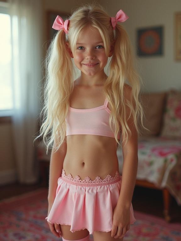 Young girl with long blonde hair and pink bows standing in a living room. She wears a crop top and a very low-rise micro skirt. Her smile is bright. The scene includes a colorful rug and soft lighting.