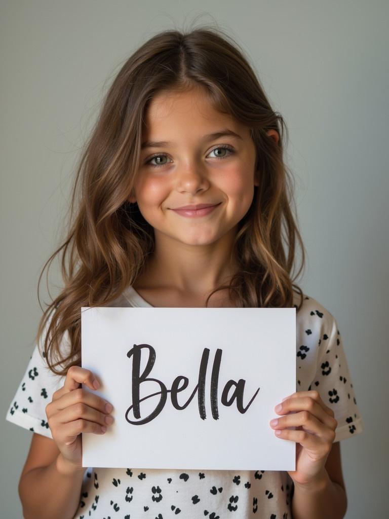 Beautiful girl holds a sign that says Bella. Girl has long hair. She is wearing a t-shirt with a pattern. The background is simple and light.