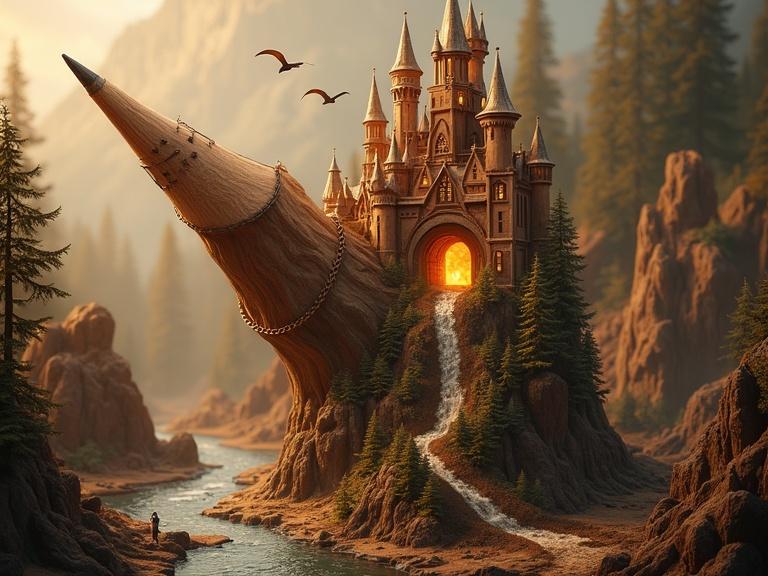 Intricately carved fantasy castle on the tip of a giant pencil. Gothic towers and whimsical turrets rising from woodgrain. Glowing river flowing from the pencil to the castle's gateway. Birds soaring upward symbolizing imagination. Warm, softly lit environment blends creativity with storytelling.
