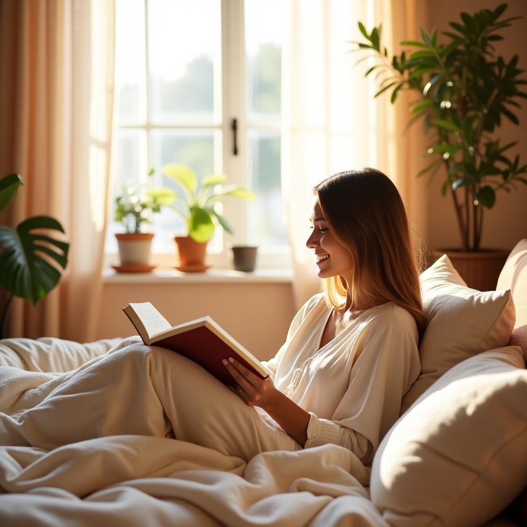 Couple smiling at each other in a cozy bed. Soft warm lighting creates an intimate atmosphere. Couple appears affectionate and in love. Background features a softly lit decor.