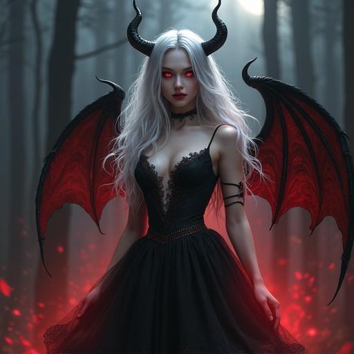 A stunningly beautiful devil girl standing in a nighttime forest. She has small stature and flawless pale skin. Her piercing red eyes and elegant curved black horns are striking. Long flowing silver hair and a seductive smile that hides dangerous intent are featured. Wears a dark gothic dress with crimson lace. Black feathered wings folded behind her. Floating slightly above the ground with a magical red glow around her. Background shows moonlight and mist. Hyper-realistic and ultra-detailed.