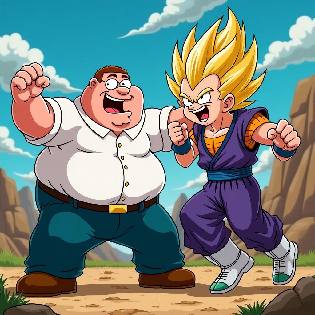 Peter Griffin and Vegeta. Cartoon style. Bright colors. Characters showing excitement. Both in dynamic poses.