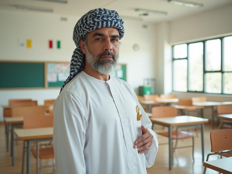 Omani male teacher with light gray hair and a beard. He stands inside a bright classroom wearing traditional attire. The dishdasha is white with embroidery, and a blue muzzar is on his head. A khanjar is visible on his leather belt. The classroom has modern desks, a smartboard, and educational materials. Soft daylight illuminates the space with international flags. Cinematic portrait with realistic depth and shadows.