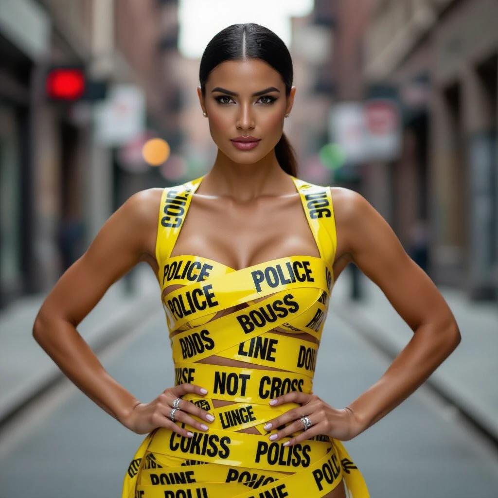 Candid street photograph. Confident woman in late 20s or early 30s. Provocative dress made of police caution tape wrapped around her body. Bright yellow tape contrasted against smooth olive-toned skin. Bold black lettering on tape. Dark hair in sleek ponytail. Striking features with high cheekbones. Eyes gazing at camera with defiance. Blurred gritty urban backdrop.