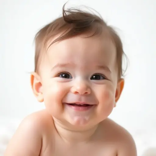 Very cute baby smiling gently. Full frontal view with smooth soft lighting. No shadows in the image. Bright and clean background with high detail.