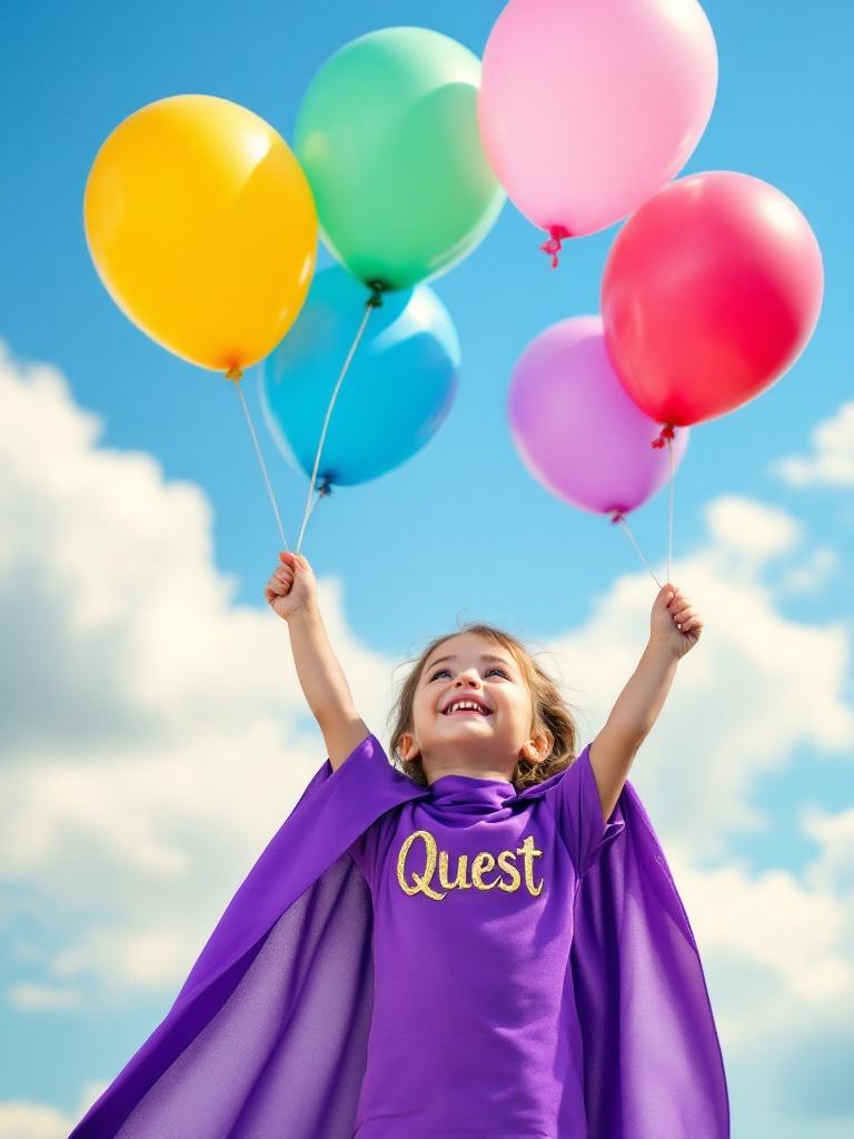 Scene with joyful child holding colorful balloons. Child wears flowing purple cape. Shirt says 'Quest' in gold letters. Bright blue sky with fluffy clouds. Atmosphere filled with wonder.