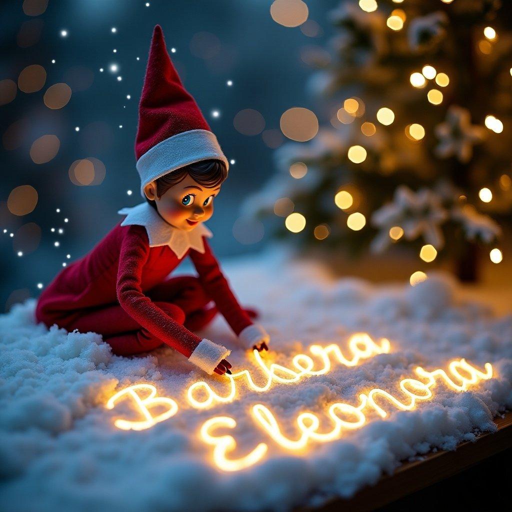 Elf on the shelf engaged in writing names in snow using lights. Names are artistically written in cursive, contributing to the festive ambiance.