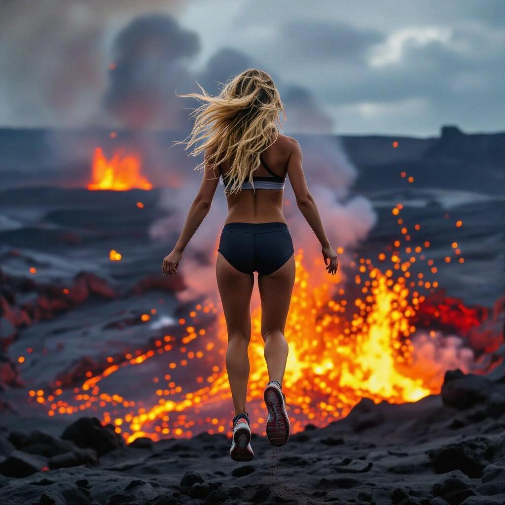 Blonde girl in athletic booty shorts viewed from behind flying over an active volcano. Lava is erupting around her. Her feet are off the ground.