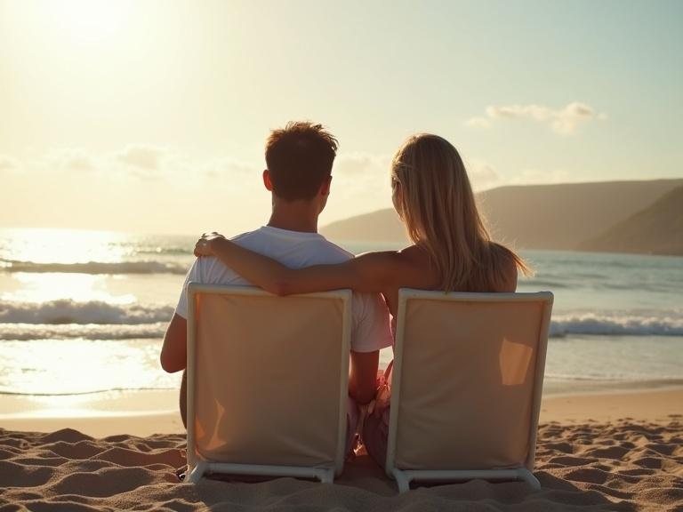 Couple enjoying a peaceful moment on the beach. Man and woman sit on beach chairs facing the ocean. Sun setting in the background. Soft waves lapping at the shore.
