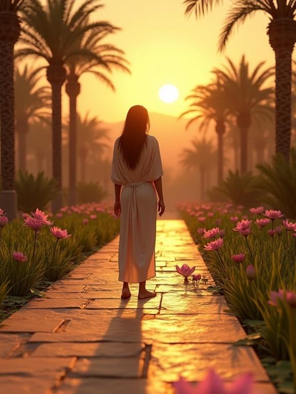 Screenshot from a VR game showing an ancient Egyptian palace garden at sunset. Ground-level view of bare feet on stone tiles. Silk robes drape over ankles. Hands reach for lotus flowers and grass. Golden-orange sky reflects off a pond. Surrounded by palm trees and flower beds. Ultra-realistic and immersive with no reflections or characters.