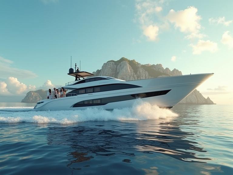 Ultra realistic image depicting a boat trip on a luxurious, futuristic yacht with excited young adults heading towards a beautiful island in the morning.