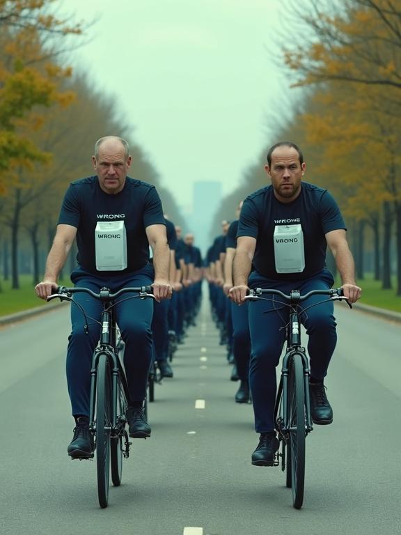 Wide side view of surreal tandem bicycle with identical riders along a straight park path. Two men in navy suits and black t-shirts pedaling in sync. Overcast background with trees and paved road. Other riders fade into perspective. Dramatic lighting with contrasting colors and shadows. Abstract, chaotic mural in the background. High-detail texture and depth of field. Tense and uncanny mood.