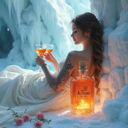 A Germanic goddess presents a toast with a shimmering golden-reddish elixir. She wears a flowing white wrap. The setting is an ice cave with white-violet smoke. A bottle marked 'ALFRUNO' radiates a soft glow. Two cocktail glasses are filled with the same liquid. Roses and rosemary add accents. The light is soft and magical, creating a serene environment.