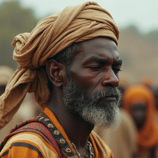 A portrait of a Somali warrior. The warrior has traditional attire, a distinct beard, and a contemplative expression. Background features other figures. Soft natural lighting captures the essence of the scene.