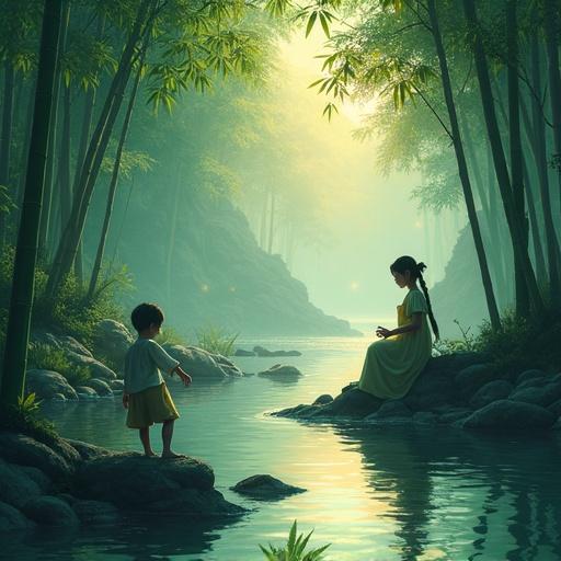 Scene depicting childhood promise in a bamboo forest at sunset. Two children, Xuán Lín on the rocks and Liling near water. Xuán Lín has a demon thorn wound, while Liling shows glowing hands. Ethereal atmosphere with soft watercolors and cinematic lighting.