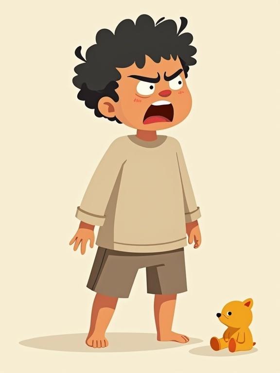 Angry four year old boy showing frustration at a toy. Child drawn in a minimalist flat vector style. Exaggerated features with long limbs and a large torso. Simple clothing in neutral colors. Cartoon-like and playful expression. Non-realistic and conceptual look.