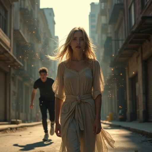 Young woman stands in urban alley. Her expression shows determination and sorrow. She begins dissolving into particles, vanishing. Late afternoon light casts long shadows. A young man runs behind her, desperate to reach out. Street has muted colors. Soft, eerie glow surrounds the girl. Atmosphere is heavy with loss and longing.