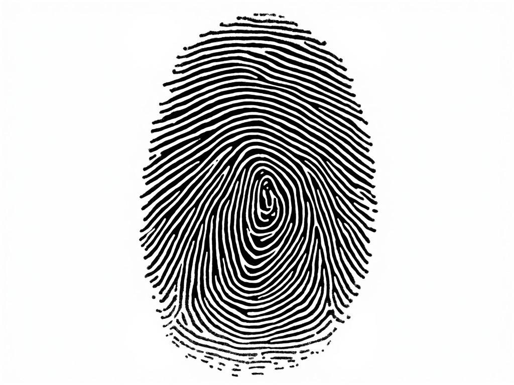 A very detailed fingerprint fills the center of the image, showcasing the intricate patterns of whorls and loops. The lines are densely packed, creating an almost hypnotic effect with their fine details. The background is pure white, providing high contrast that makes the black ink of the fingerprint stand out sharply. Optical textures can be seen where the ridges have subtle variations in thickness and depth. The overall look is striking, making the unique characteristics of the fingerprint noticeable at first glance.