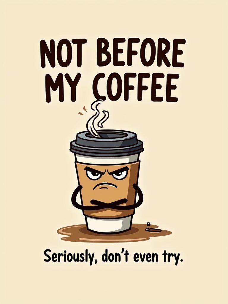 Humorous meme-style graphic for a T-shirt. Cartoon coffee cup with a steaming lid and crossed arms. Frowning expression on the cup. Bold text above saying 'Not Before My Coffee'. Smaller caption below: 'Seriously, don’t even try'. Playful art style with bright colors and a neutral background.