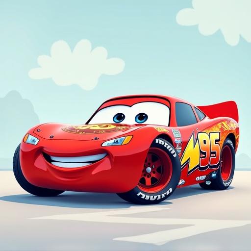 A cartoon-style image featuring a bright red car with smiling expression and lightning bolt designs. The background features a blue sky with clouds.