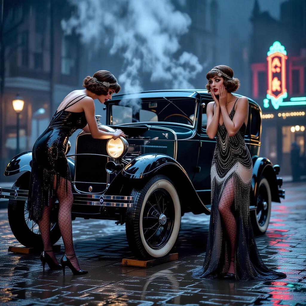 Vintage street scene with two women near a classic Ford Model A car. One woman in a beaded dress shows dramatic despair. Second woman repairs the car. Vintage car is on a jack with steam coming from the engine. Rainy night with a foggy backdrop. Lanterns are flickering in the background. The scene captures 1920s physical comedy and attire.
