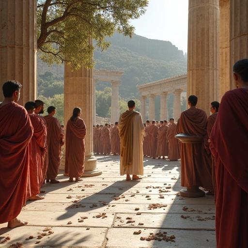 Hyperrealistic photograph depicting ostracism vote against Cimon at Athenian agora. Citizens inscribing names on pottery shards. Voting urns made of bronze. Athenian general Cimon appears resigned. The scene features marble columns and olive trees casting shadows. Fragments of pottery are scattered on the ground. A herald announces the vote count with Athenian acropolis in the background.