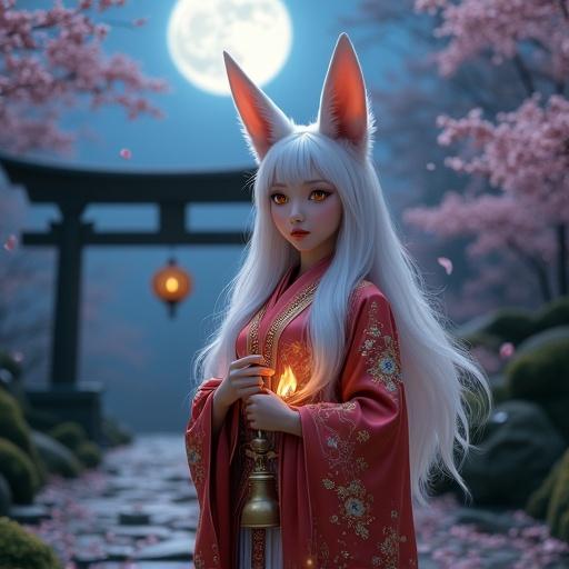 A divine fox goddess in a twilight forest shrine. She wears a decorative kimono adorned with star and moon patterns. Her face resembles a fox with sharp golden eyes and sacred markings. Large white fox ears and flowing white hair complete her look. She gazes gently at viewers, conveying emotion. One hand holds a glowing spirit bell, and cherry blossom petals float nearby. Behind her, an old stone path leads to a torii gate under a full moon in a misty sky. The scene feels sacred and quiet.