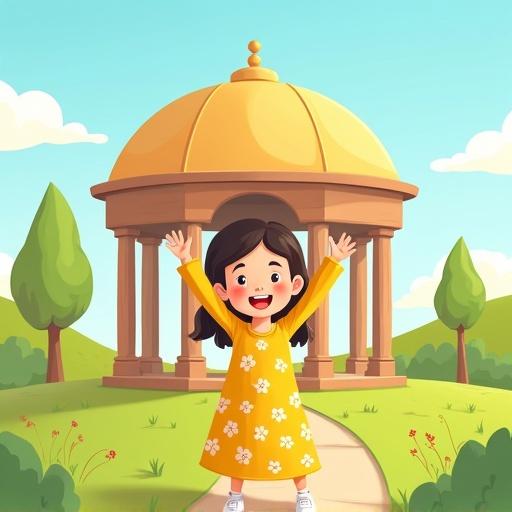 A colorful cartoon-style children's book cover. A faceless girl standing in front of a house with five large pillars and a dome-shaped roof. She is in a yellow dress with white flowers and white shoes, raising her arms joyfully. Background with sunny outdoor scene, green grass, cartoon trees, soft hills, and bright blue sky with fluffy clouds. Soft Islamic design elements should be incorporated. Leave space at the top for the title.