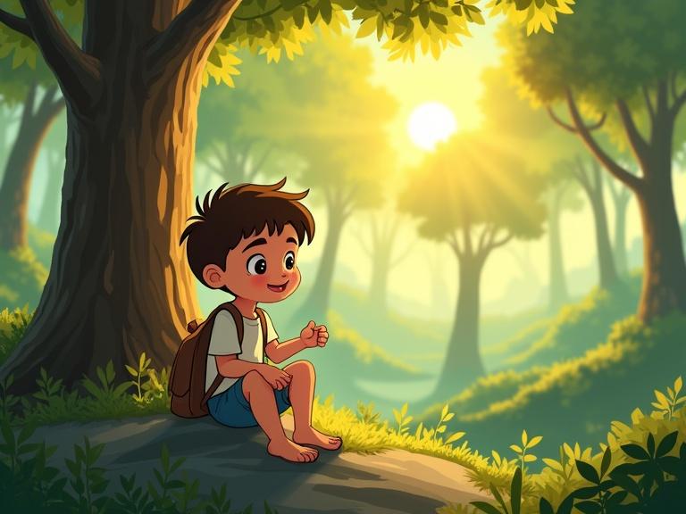 Cartoon image of a boy sitting on a rock in the forest. The boy appears about seven years old. The boy has innocent features and wide eyes. He is dressed in a simple shirt and shorts. A small bag is on his back. Sun rays touch his hand. The boy's eyes are closed. Background shows trees and soft sunlight.