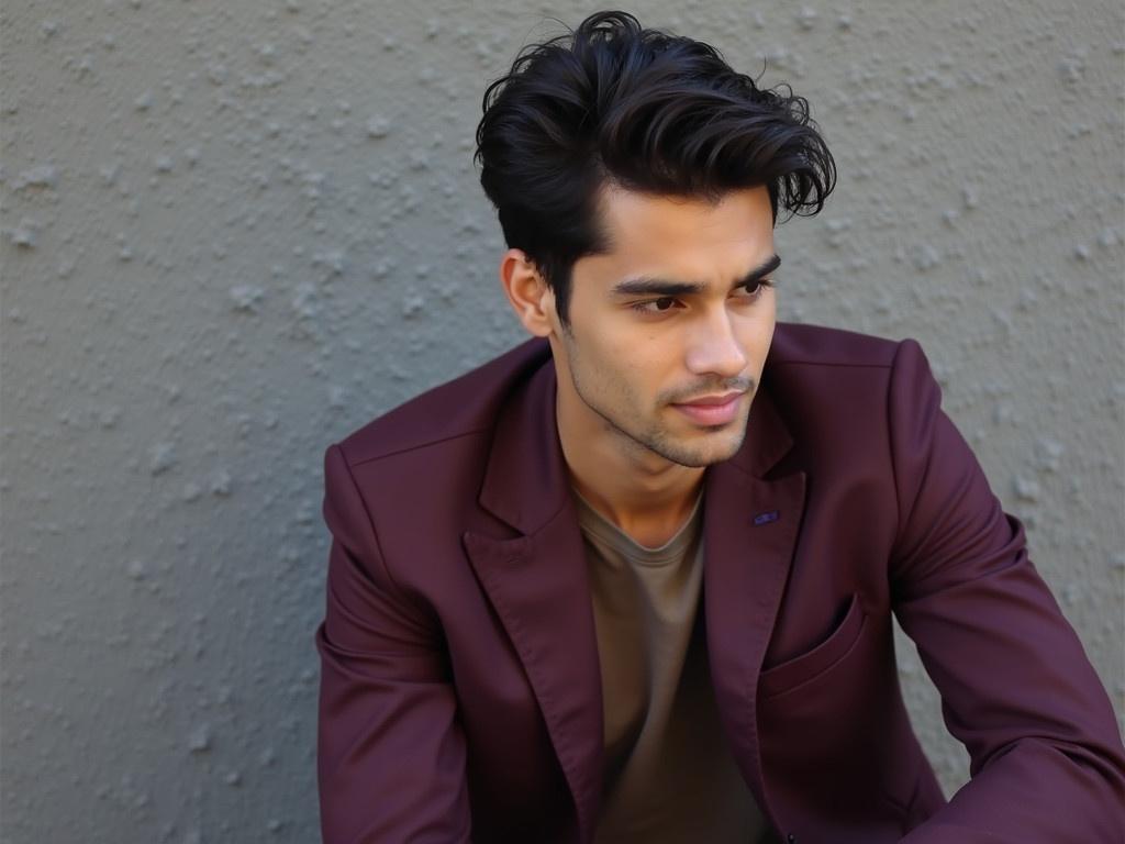 The image shows a man sitting sideways against a textured gray background. He has dark, slightly wavy hair that is styled back, revealing his ear. He wears a maroon blazer over a brown shirt, which contrasts nicely with the neutral background. The outdoor light creates subtle shadows on his face and clothes, giving depth to the image. The setting appears to be a quiet and peaceful environment, possibly a street or a park.