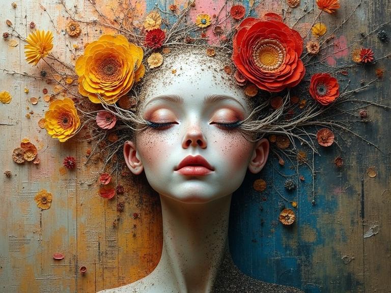 3D multilayered anthropomorphic artwork. Oil painting with texture play using various materials. Features newspaper, jute fibers, wood, sand, and confetti. Combines different structures with thick and textured impasto. Luminous colors. Evocative and magical composition with depth.