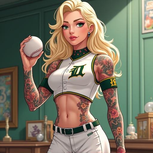 Anime style art of a woman with emerald green eyes and light blonde wavy hair. She is muscular and well-defined with a cybernetic leg. Dressed in a college baseball jersey and shorts, she holds a baseball. Set inside a luxurious mega mansion with baseball memorabilia and colorful Japanese tattoos. The background is traditional and modern. Ideal for showcasing futuristic and stylish aesthetics.
