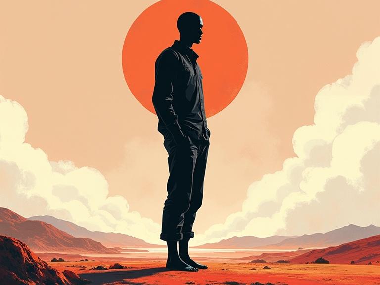 Faceless silhouette standing in futuristic landscape. Comfortable shirt and pants. Barefoot appearance. Abstract shapes in background. Monochrome and colorful contrasts. Surreal and emotive. Fashion editorial vibe.