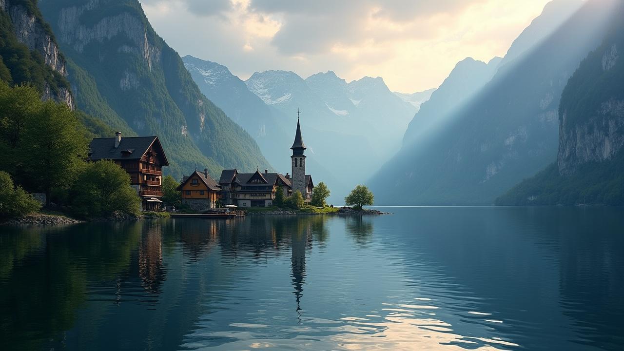 A serene lakeside village surrounded by mountains, with a church in the center, soft lighting and reflections on the water.