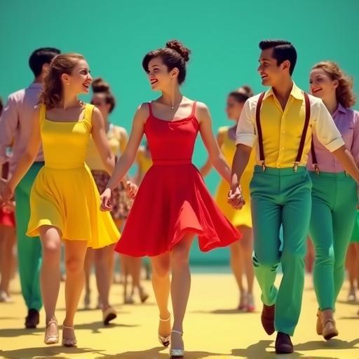 Vibrant retro dance costumes inspired by cheerful scenes of La La Land. Brightly colored swing dresses for females with flared skirts. Fitted colored chinos and button-down shirts for males. Suspension optional, classic dance shoes. Sunny and joyful style.