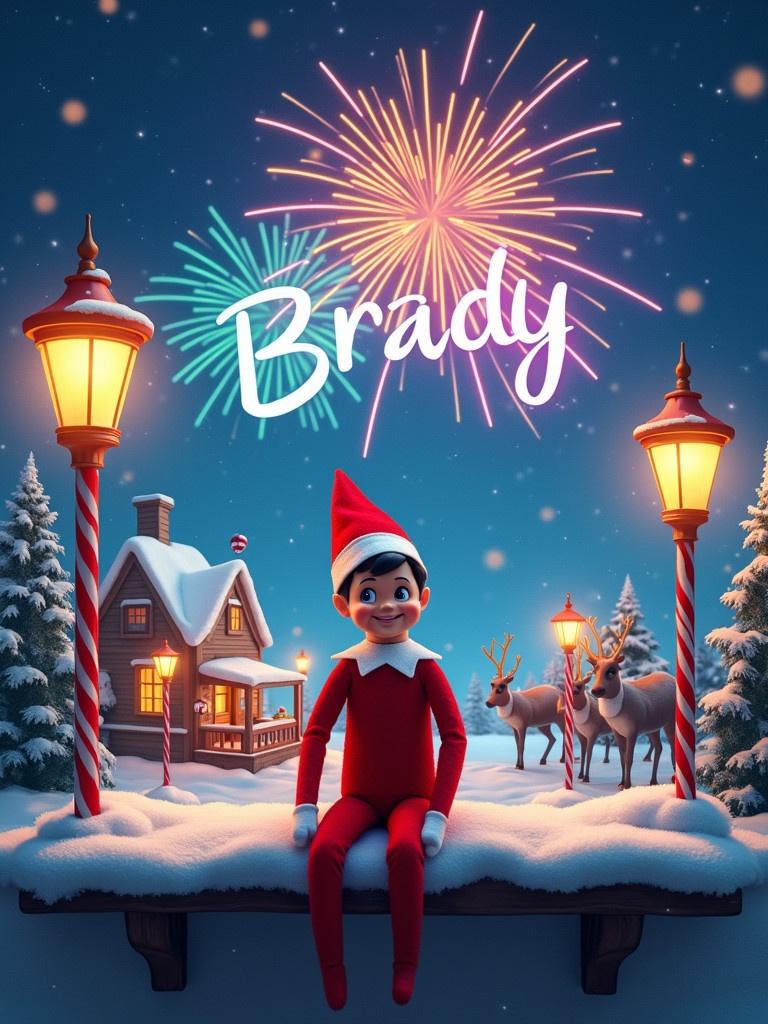 A snowy North Pole setting features twinkling lights and candy cane street lamps. The boy elf on the shelf named Brady sits cheerfully on a shelf. Above him, the night sky is lit up with vibrant fireworks spelling his name in colorful lights. The scene is filled with festive cheer, featuring Santa’s workshop and reindeer in the background.