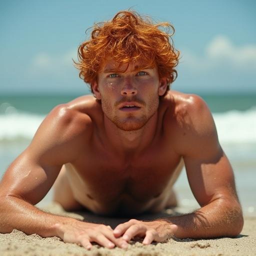 Red haired man on a beach. He wears a speedo and lays on the sand. The wind blows through his hair. Expression shows yearning and searching.